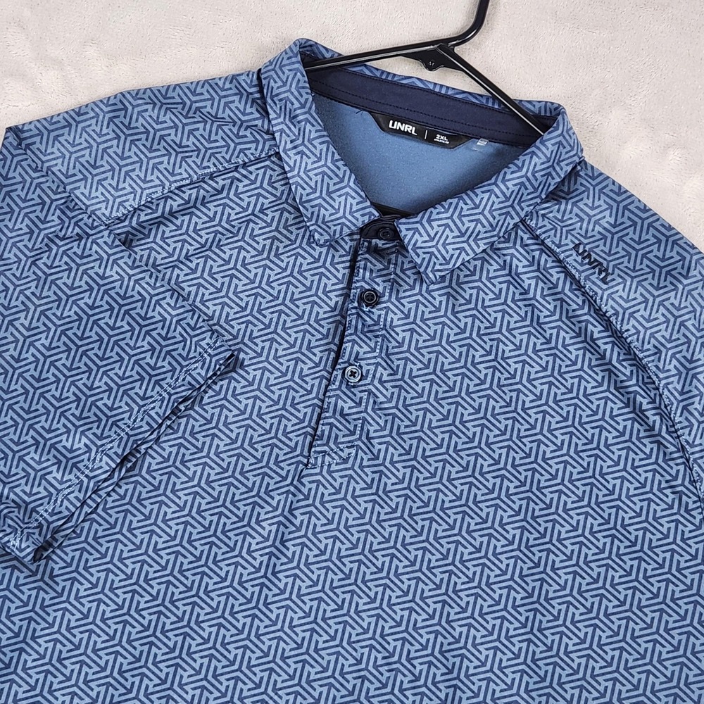 UNRL Polo Shirt Mens 2XL Blue Geo Print Golf Performance Stretch Short Sleeve